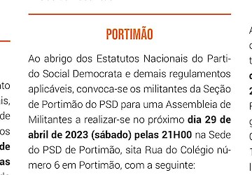 PSD/Portimão realiza Assembleia de Militantes para prestação de contas e agendamento de eleições internas