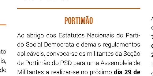 PSD/Portimão realiza Assembleia de Militantes para prestação de contas e agendamento de eleições internas