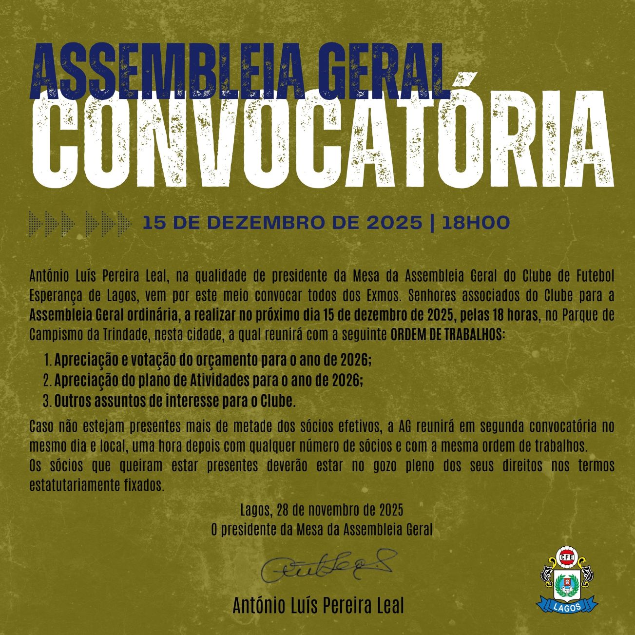 Convocatória da Assembleia-Geral Ordinária do Clube de Futebol Esperança de Lagos