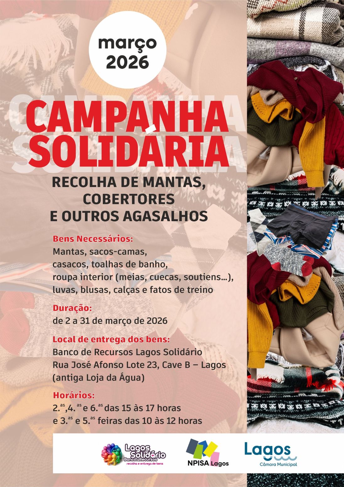 Lagos promove em Março Campanha Solidária- Recolha de Mantas, Cobertores e Outros Agasalhos