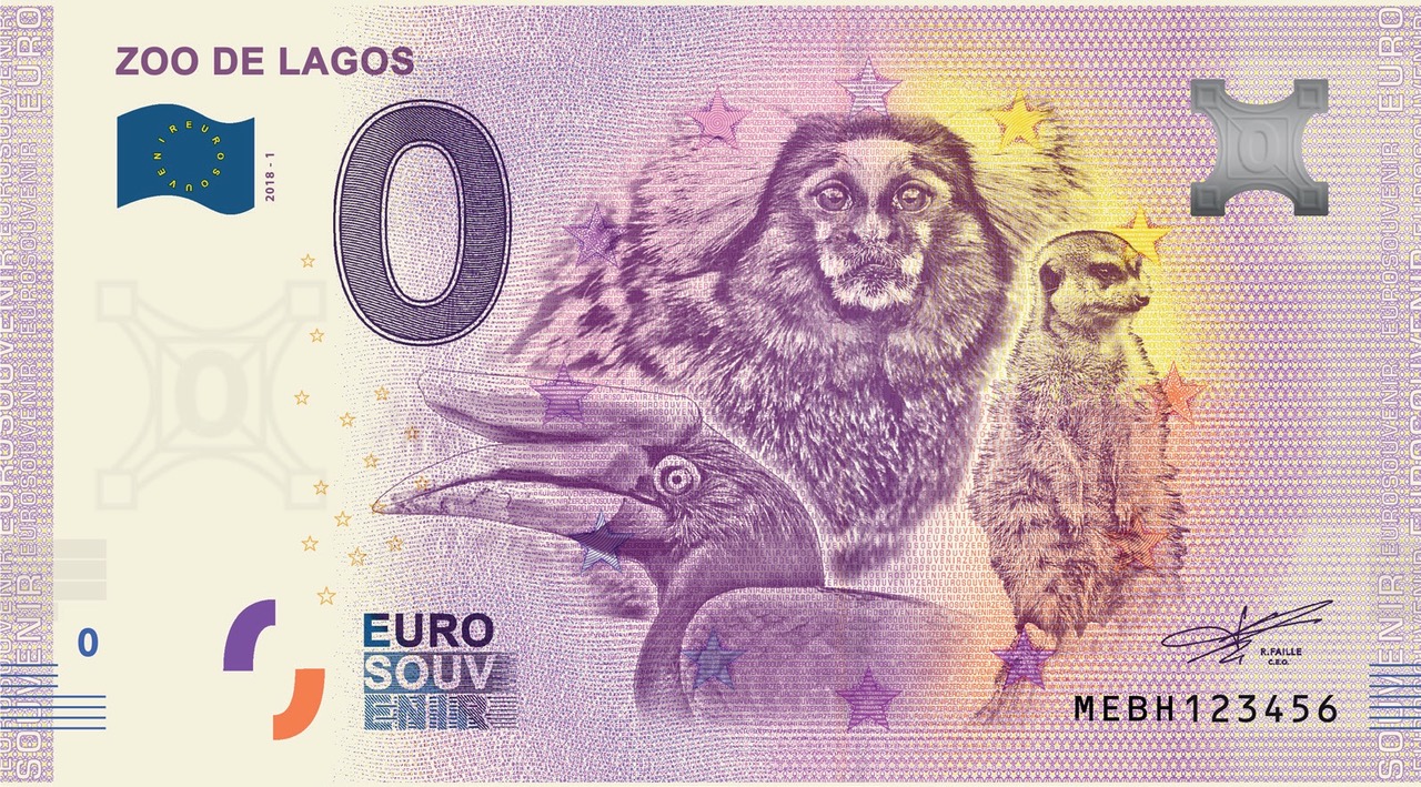 Notas de zero euros para recordação com imagens típicas de Portugal  à venda no ZOO DE LAGOS