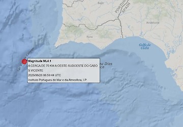Instituto Português do Mar e da Atmosfera regista sismo de magnitude 4,1 sentido com intensidade em Lagos e Portimão