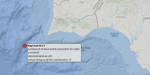 Instituto Português do Mar e da Atmosfera regista sismo de magnitude 4,1 sentido com intensidade em Lagos e Portimão