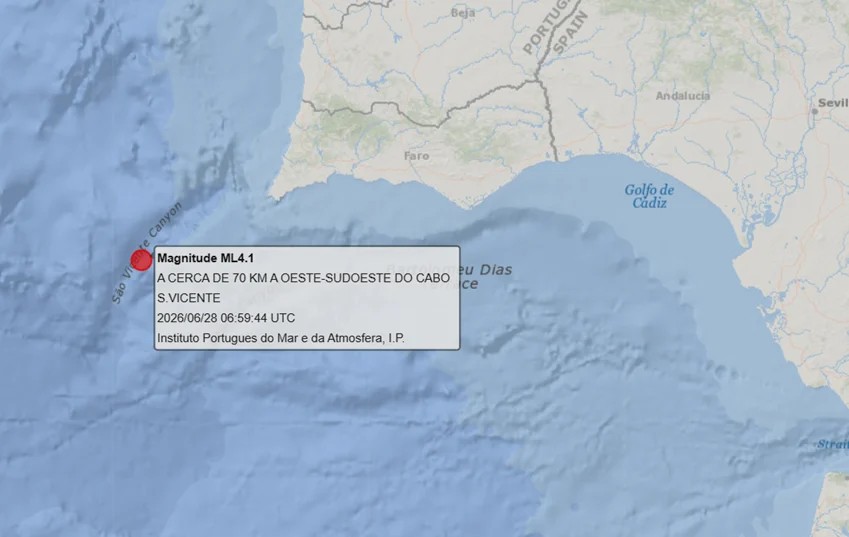 Instituto Português do Mar e da Atmosfera regista sismo de magnitude 4,1 sentido com intensidade em Lagos e Portimão