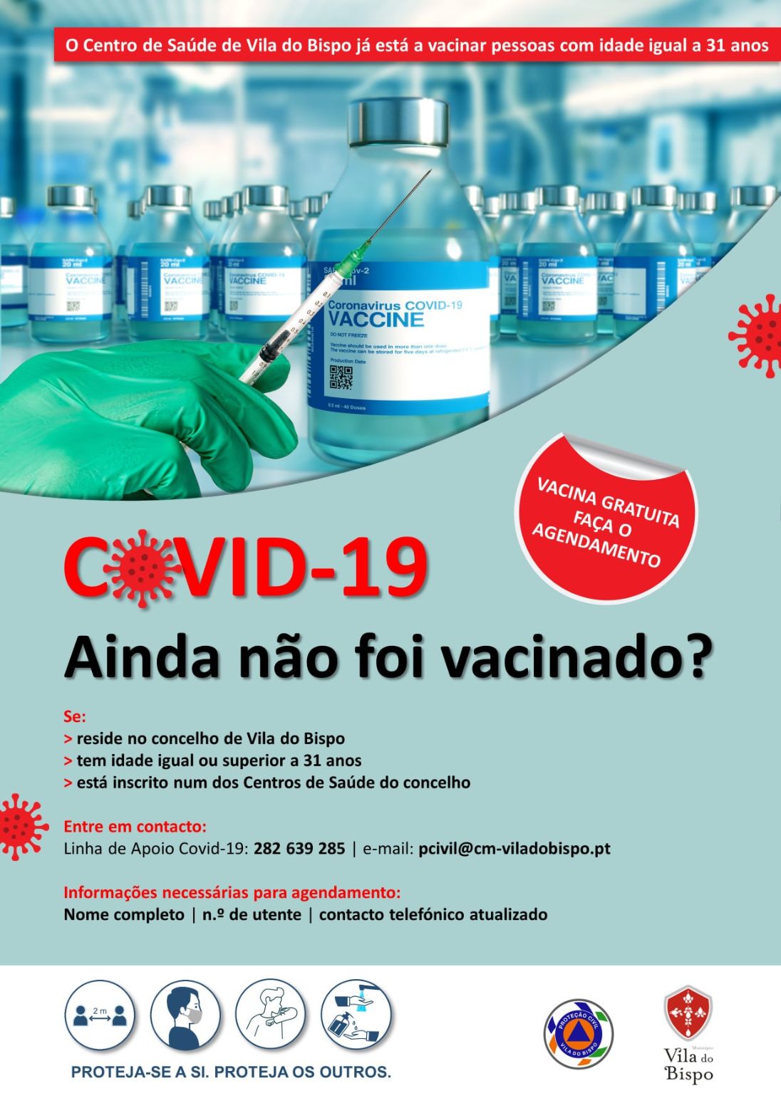 Covid-19: Centro de Saúde de Vila do Bispo já está a vacinar pessoas com idade igual a 31 anos