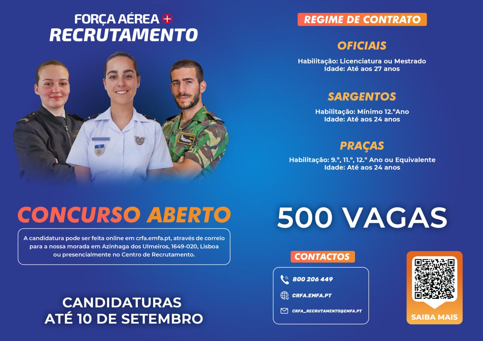 Estão abertas as inscrições para a Força Aérea Portuguesa